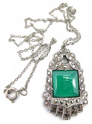 Art Deco Sterling Silver, Chrysoprase, and Marcasite Pendant