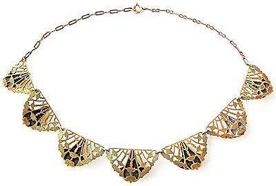 10125 1930's Brass Filigree & Yellow Satin Glass Necklace
