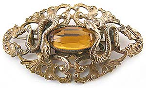 Victorian Brass & Topaz Glass Snake Pin Front