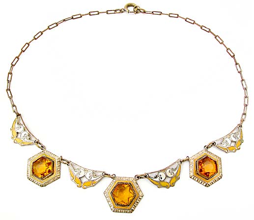 10167 1920's Brass, Enamel & Topaz Glass Necklace