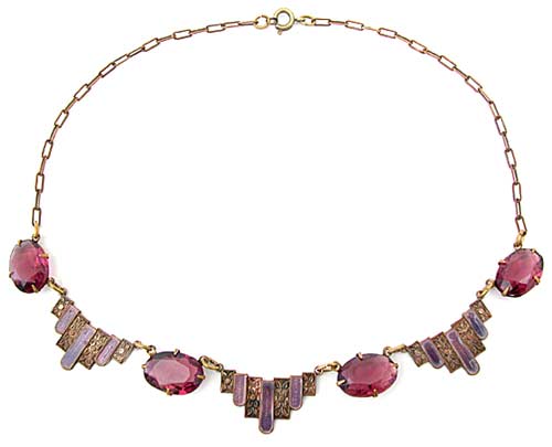 10171 1930's Amethyst Glass, Guilloche Enamel and Brass Necklace