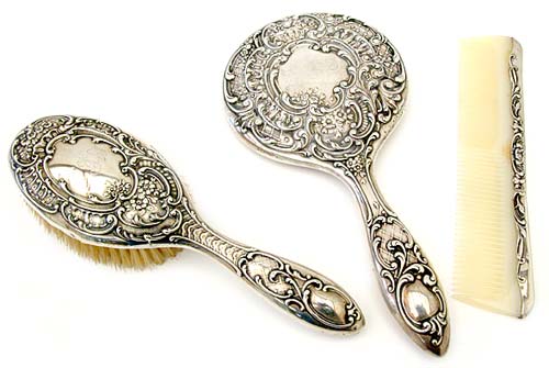 10172 Sterling Silver Repousse Brush, Mirror, Comb Set