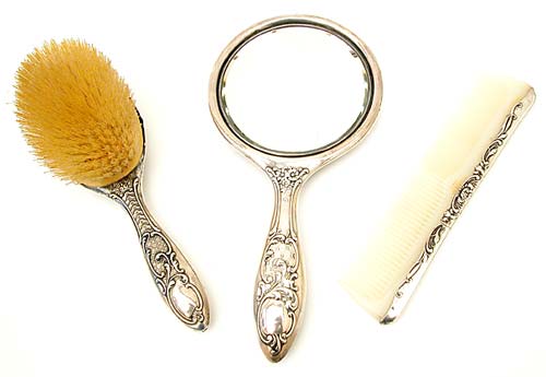 10172 Sterling Silver Repousse Brush, Mirror, Comb Set